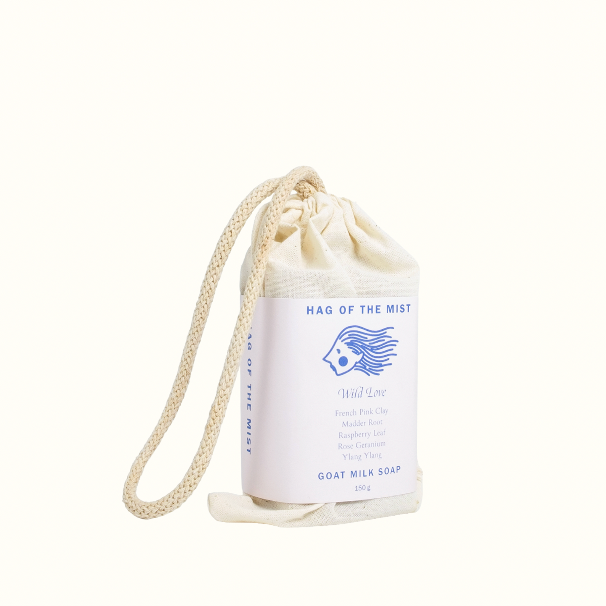 Goat milk soap in a drawstring bag with 'Hag of the Mist' branding on a white background