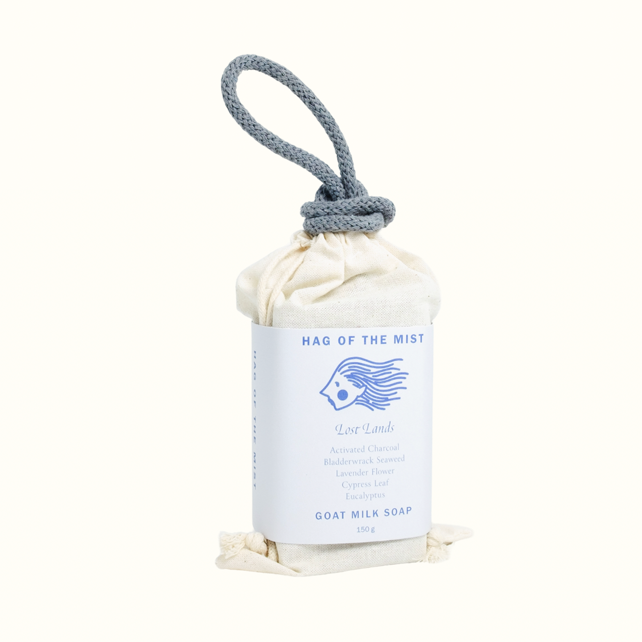 Goat milk soap in a drawstring bag with 'Hag of the Mist' branding on a white background