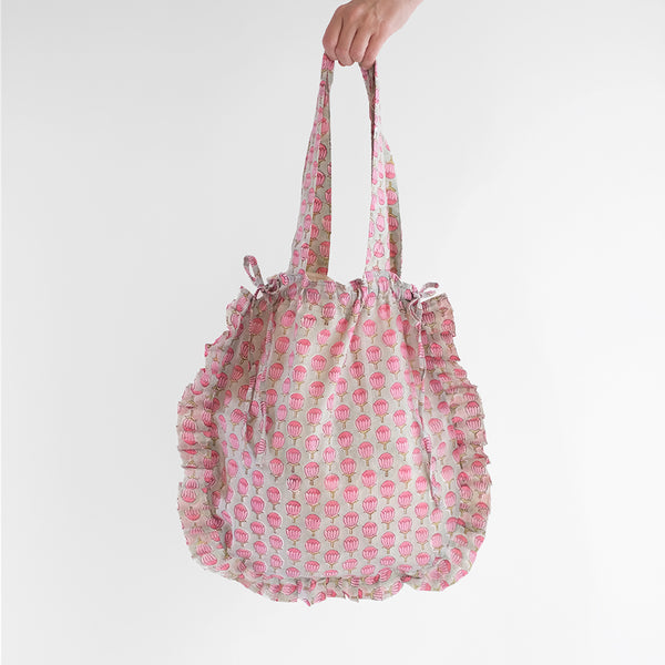 block print frill tote | pink lotus